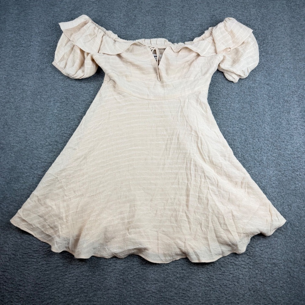Showpo Mini Dress Women's 6 Beige Ruffle Off Shoulder Fit & Flare Textured